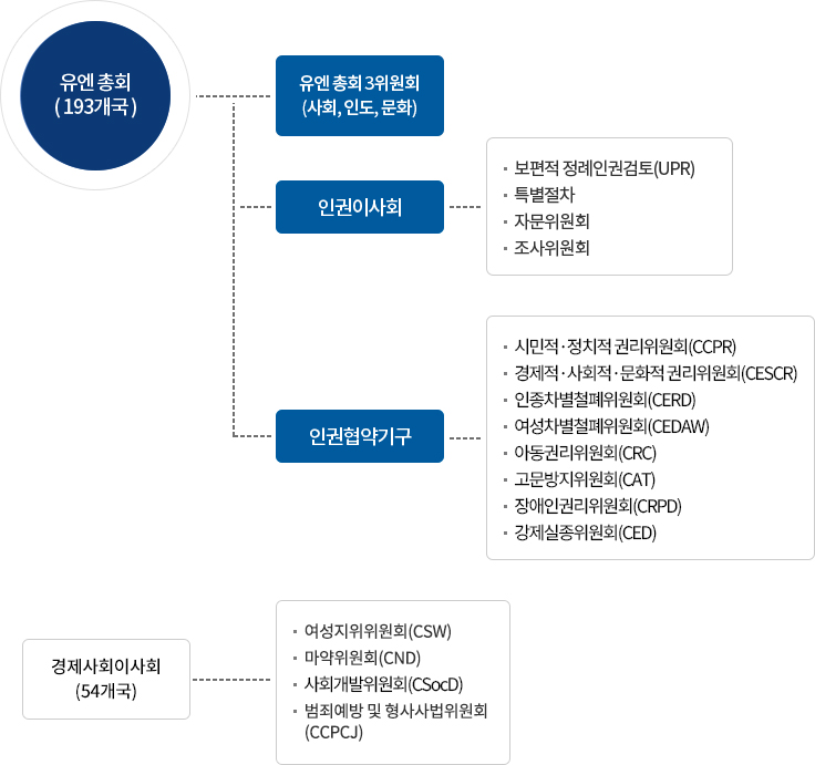 
                유엔총회 (193개국):
                유엔 총회 3위원회 (사회, 인도, 문화); 
                인권이사회-보편적 정례인권검토(UPR), 특별절차, 자문위원회, 조사위원회; 
                인권협약기구-시민적·정치적 권리위원회(CCPR), 경제적·사회적·문화적 권리위원회(CESCR), 인종차별철폐위원회(CERD), 여성차별철폐위원회(CEDAW), 아동권리위원회(CRC), 고문방지위원회(CAT), 장애인권리위원회(CRPD), 강제실종위원회(CED);
                경제사회이사회 (54개국):
                여성지위위원회(CSW), 마약위원회(CND), 사회개발위원회(CSocD), 범죄예방 및 형사사법위원회(CCPCJ)
                